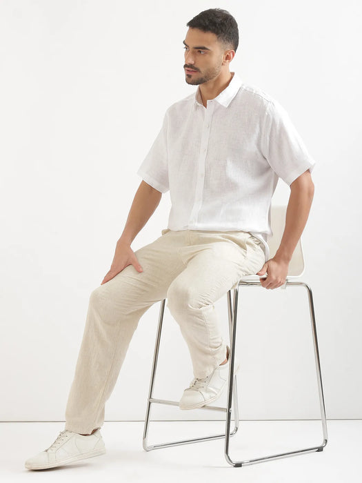 Men White 100% Linen Half Sleeve Shirt