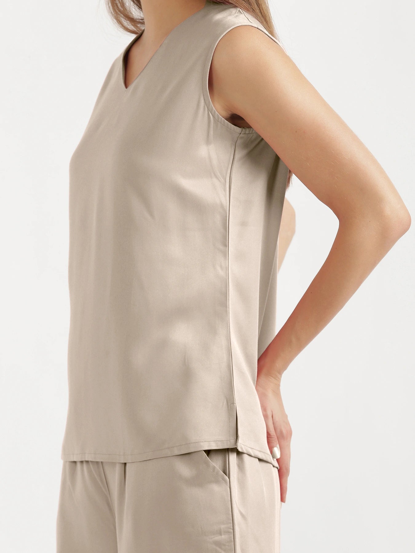 Women Taupe V-Neck Sleeveless Top