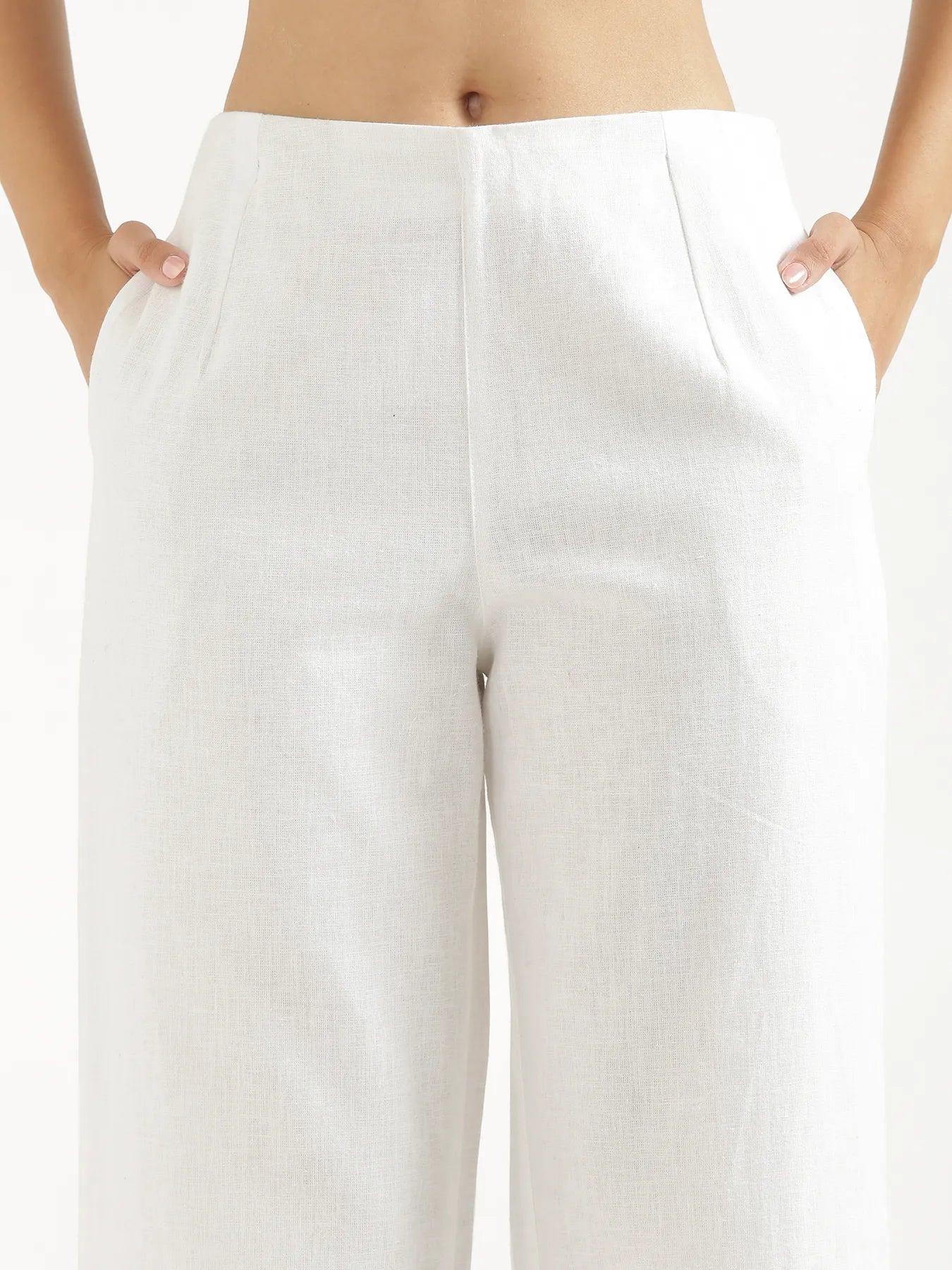 Women White Linen Blend Wide Leg Pant