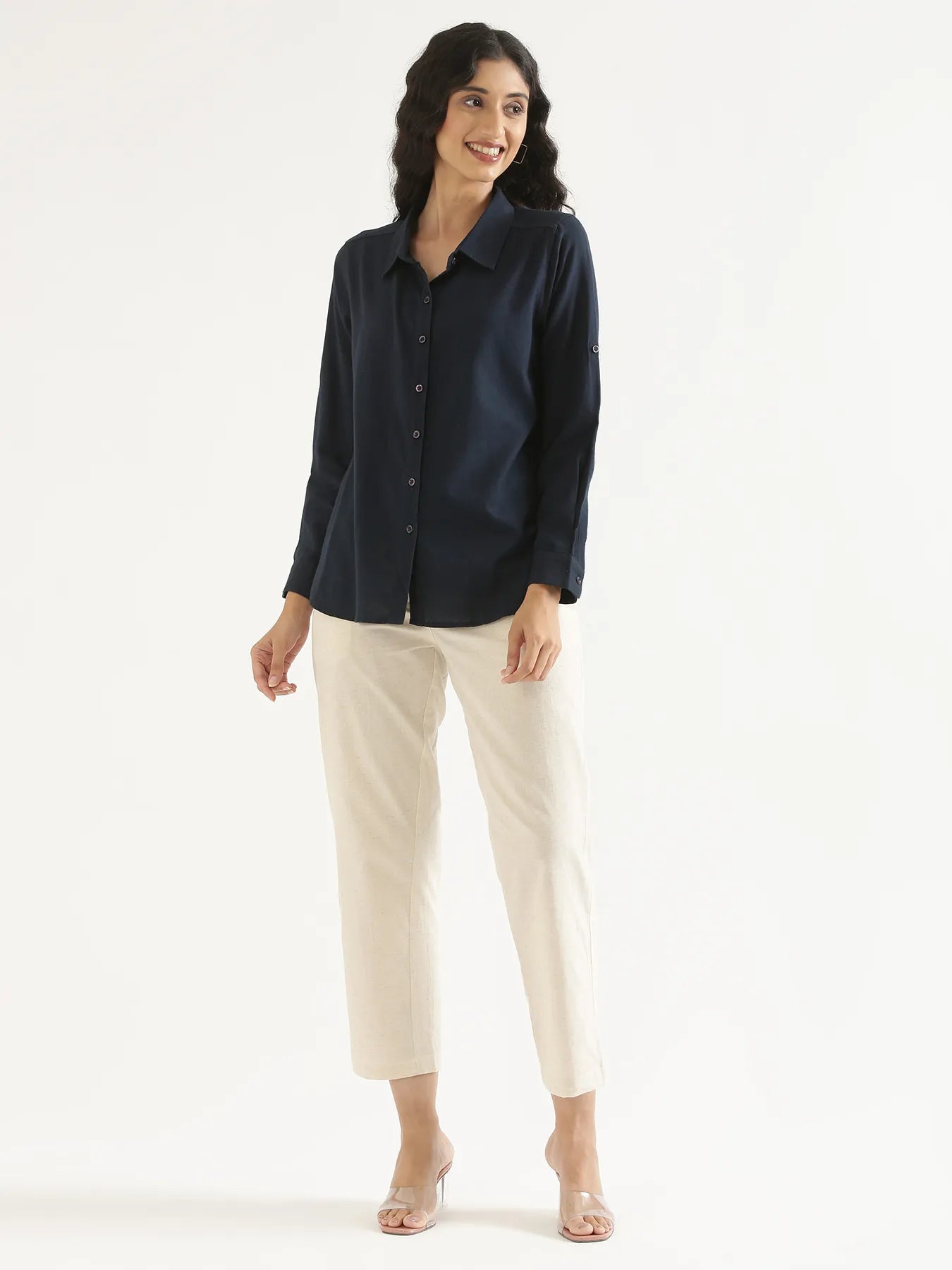 Women Navy Blue Airy-Linen Shirt