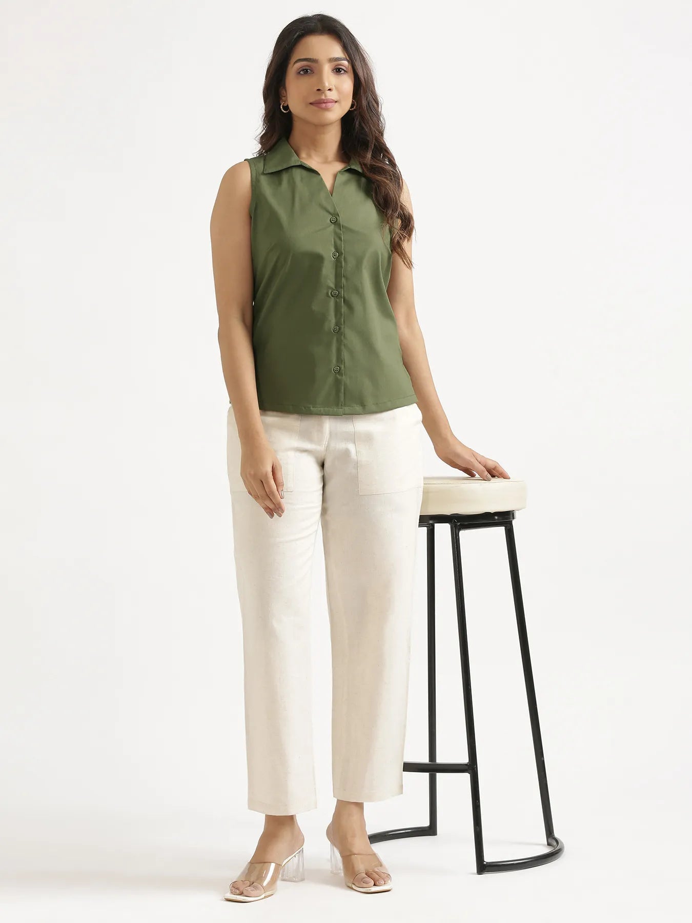 Women Forest Green Better Cotton Sleeveless Shirt