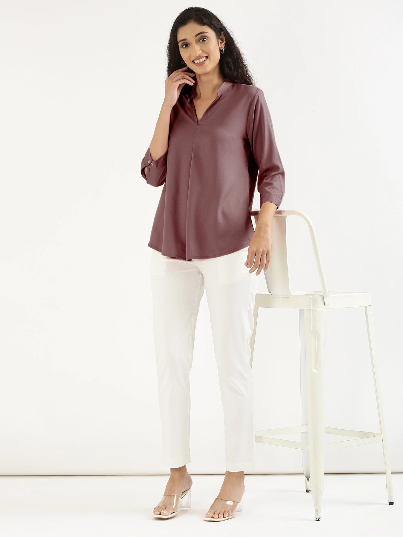 Women Rose Taupe Viscose Pleated Top
