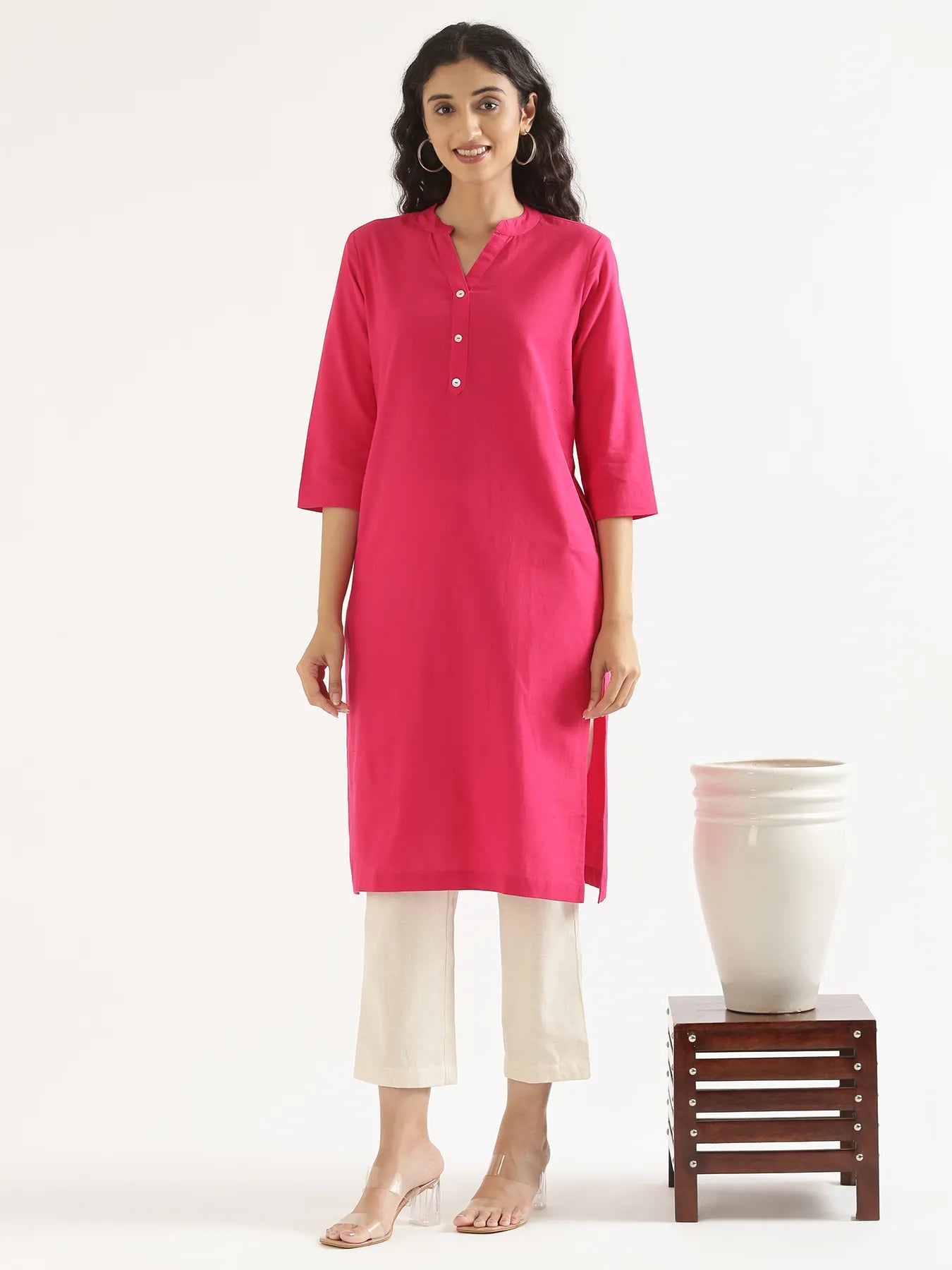 Women Hot Pink Airy Linen Long Kurta