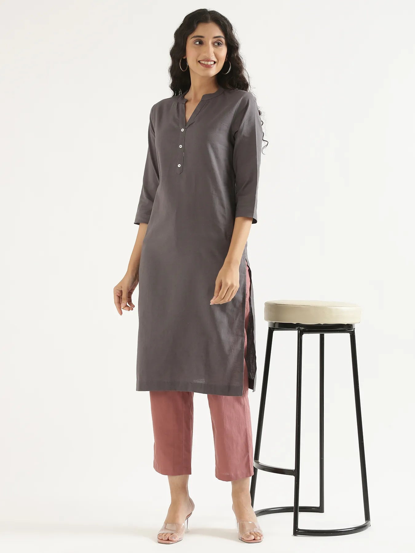 Women Slate Grey Airy Linen Long Kurta