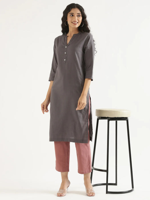 Women Slate Grey Airy Linen Long Kurta