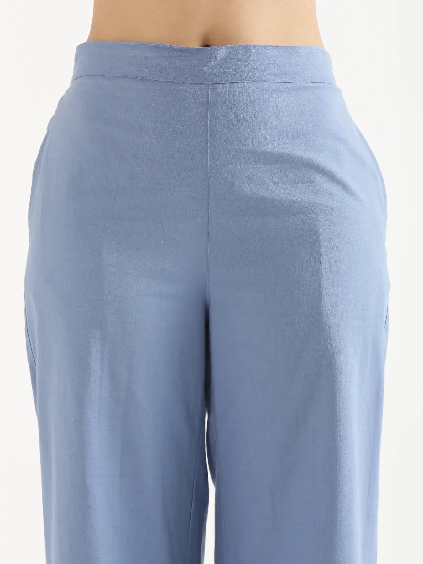 Women English Blue Airy Linen Wide Leg Pant
