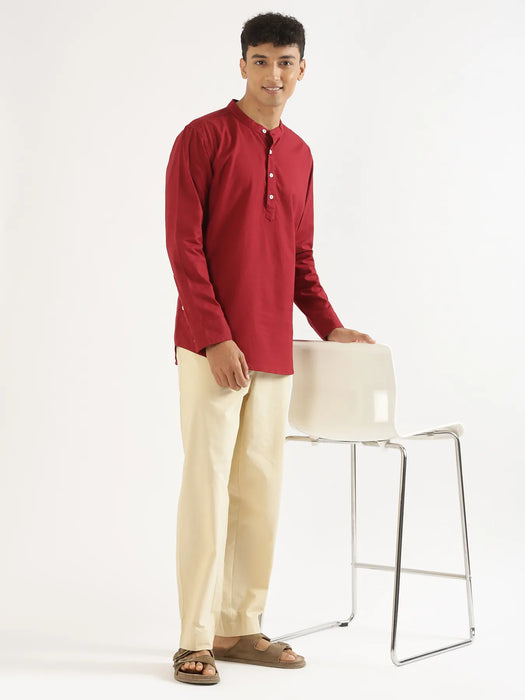 Men Maroon Airy Linen Short Kurta