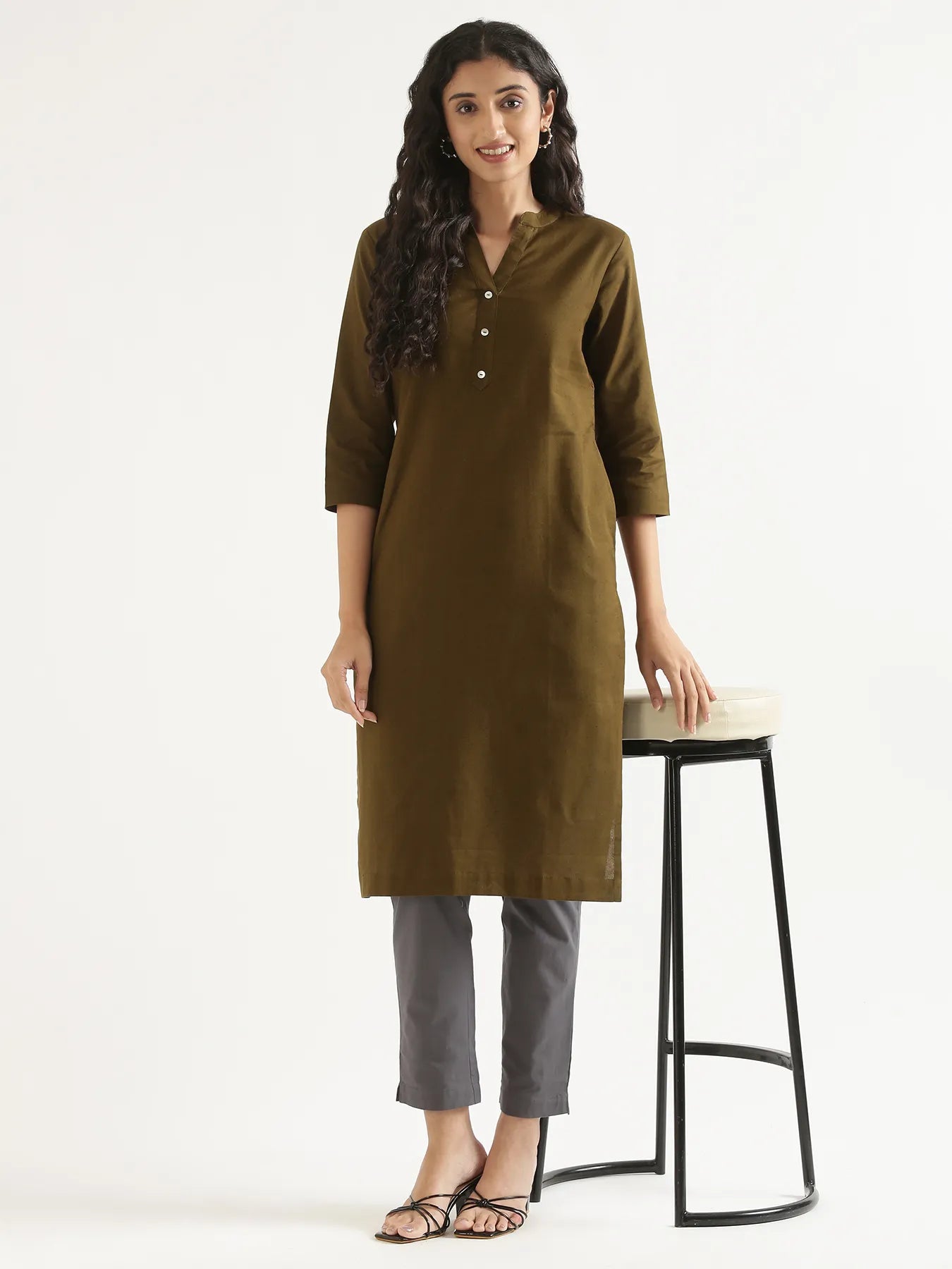 Women Olive Green Airy Linen Long Kurta & Cement Grey Cotton Pant Set