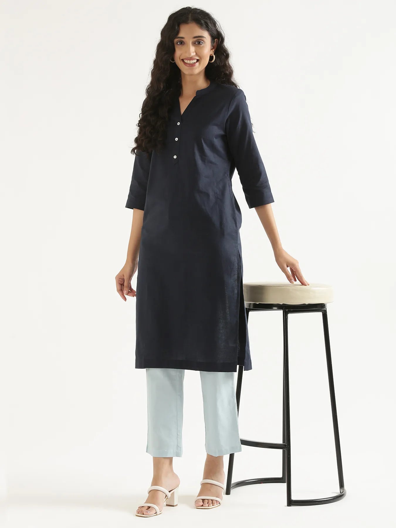Women Navy Blue Airy Linen Long Kurta
