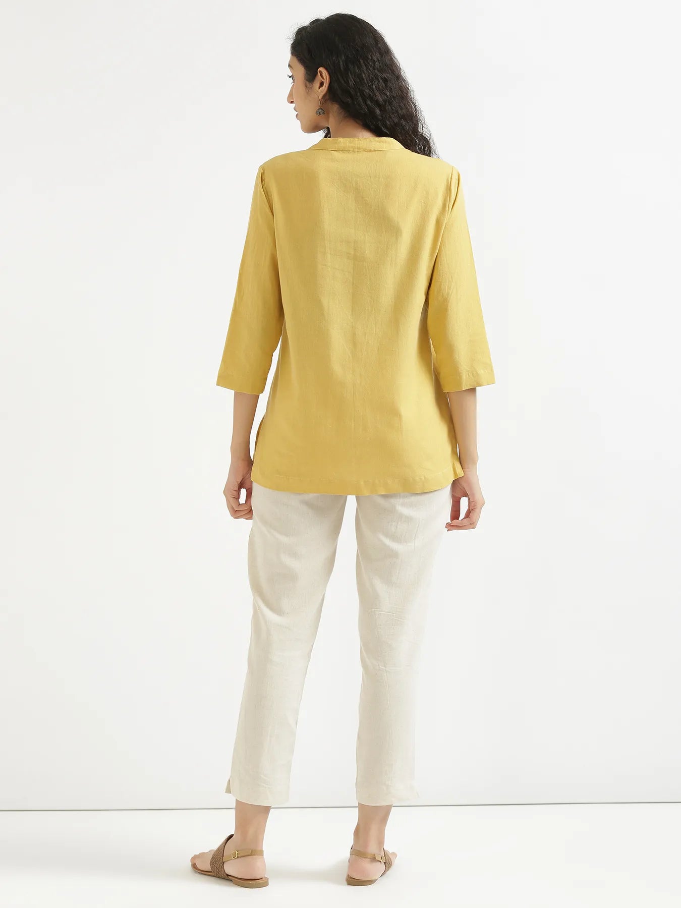 Women Yellow Airy Linen Short Kurta & Beige Cotton Pant Set