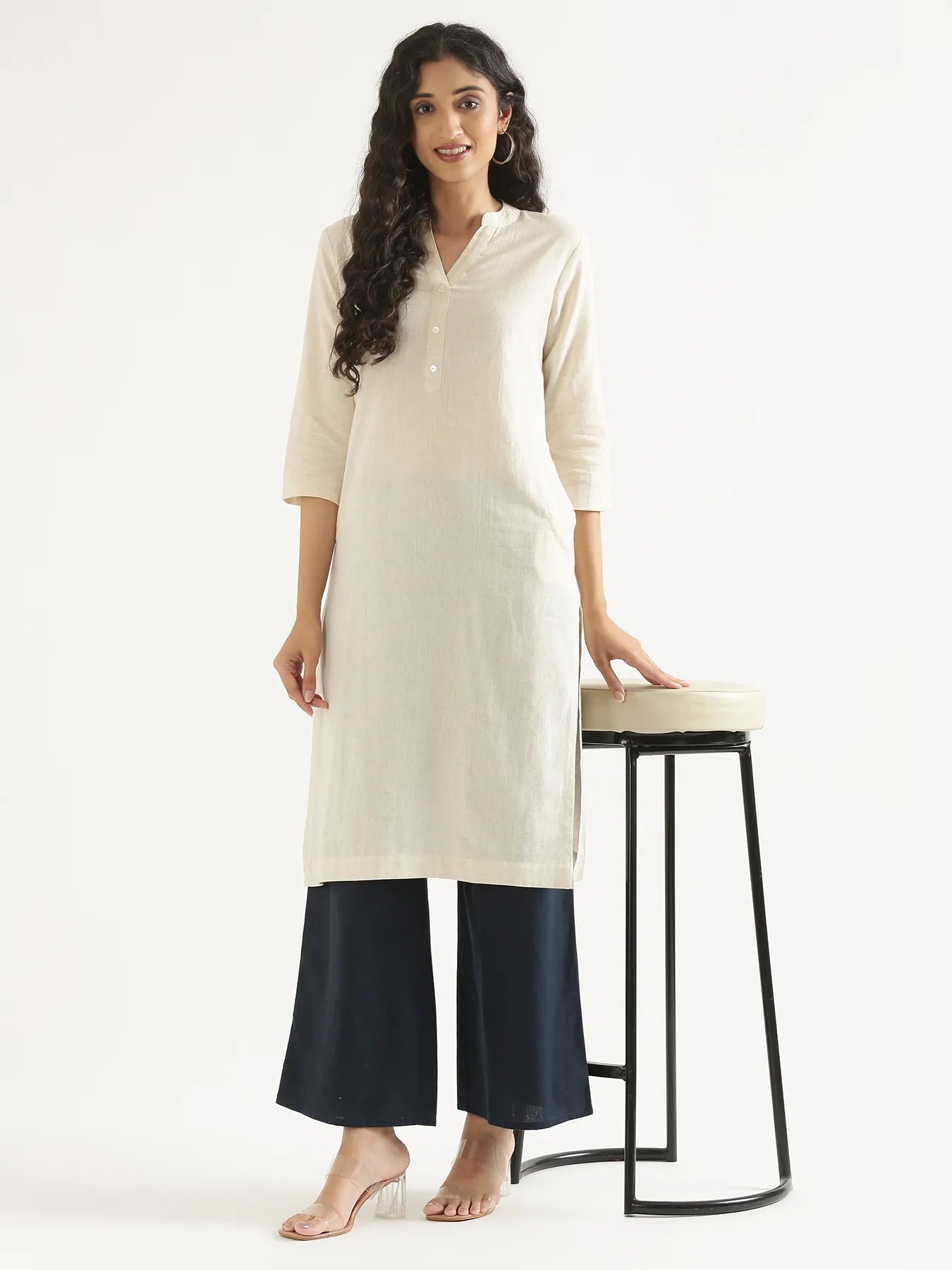 Women Ecru Airy Linen Long Kurta