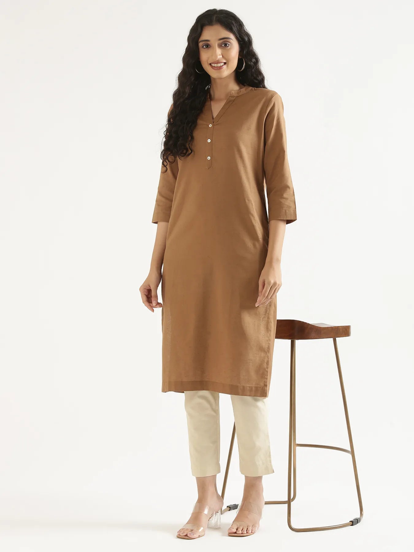 Women Coffee Brown Airy Linen Long Kurta