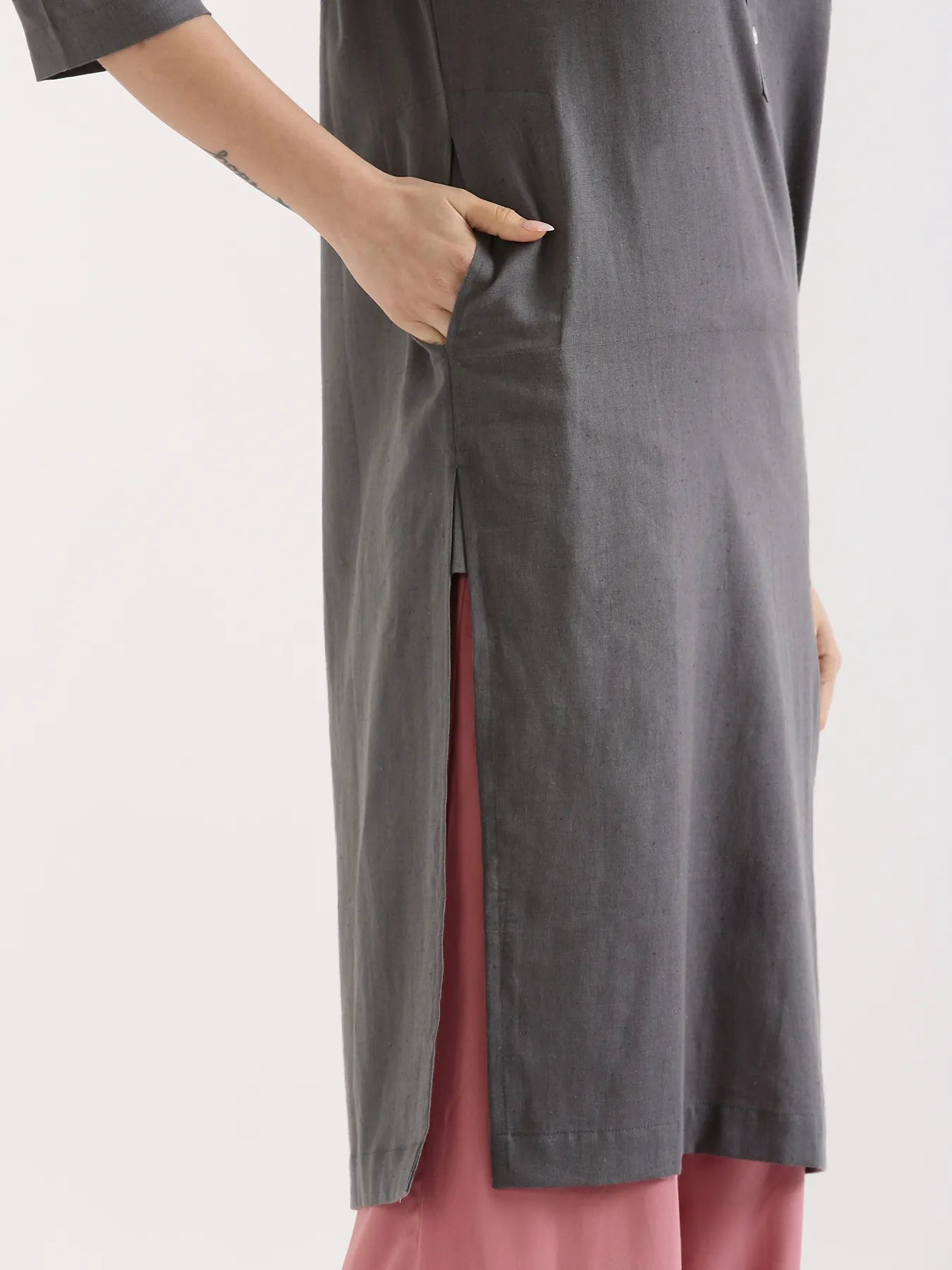 Women Slate Grey Airy Linen Long Kurta & Rose Viscose Palazzo Pant Set