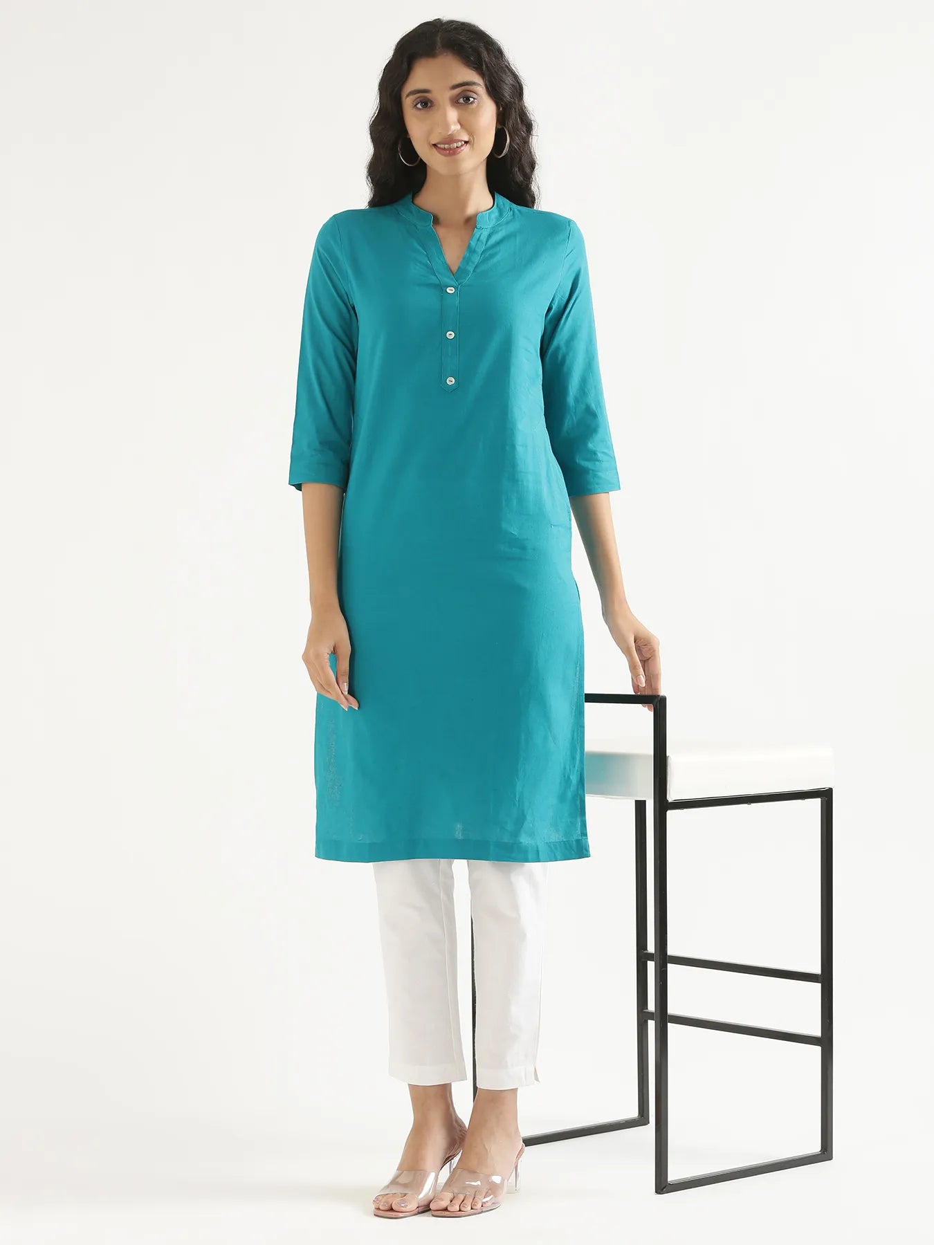 Women Teal Airy Linen Long Kurta