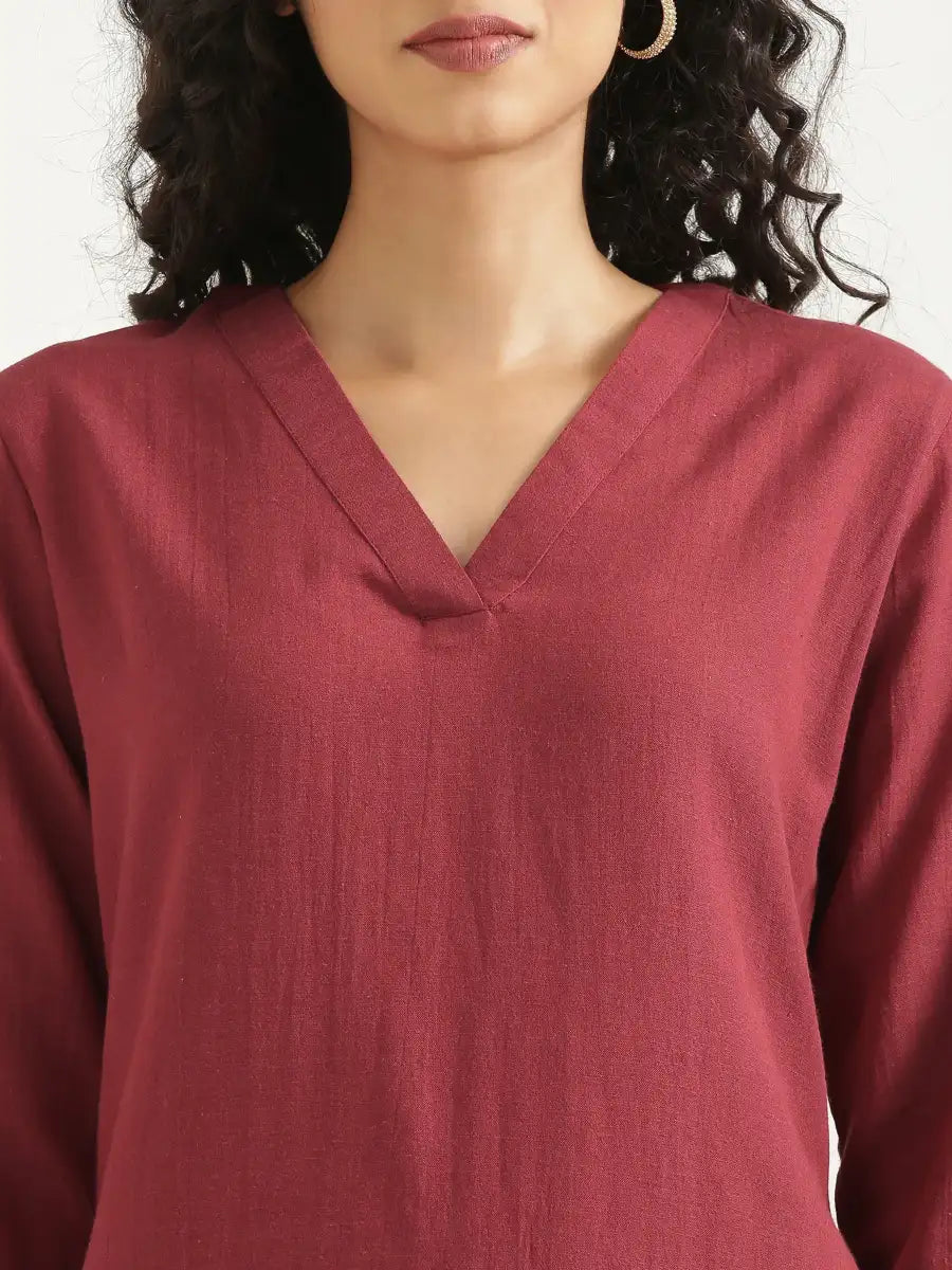 Women Maroon Flowy Linen A-Line Long Kurta