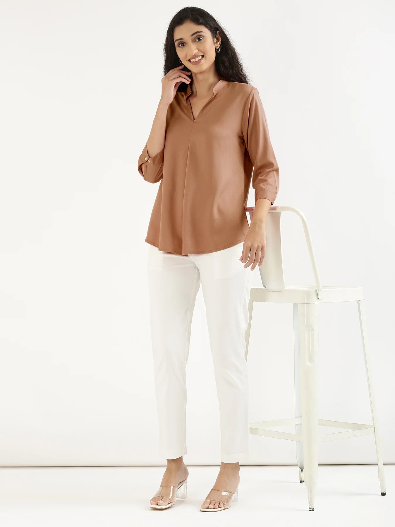 Women Mocha Mousse Viscose Pleated Top