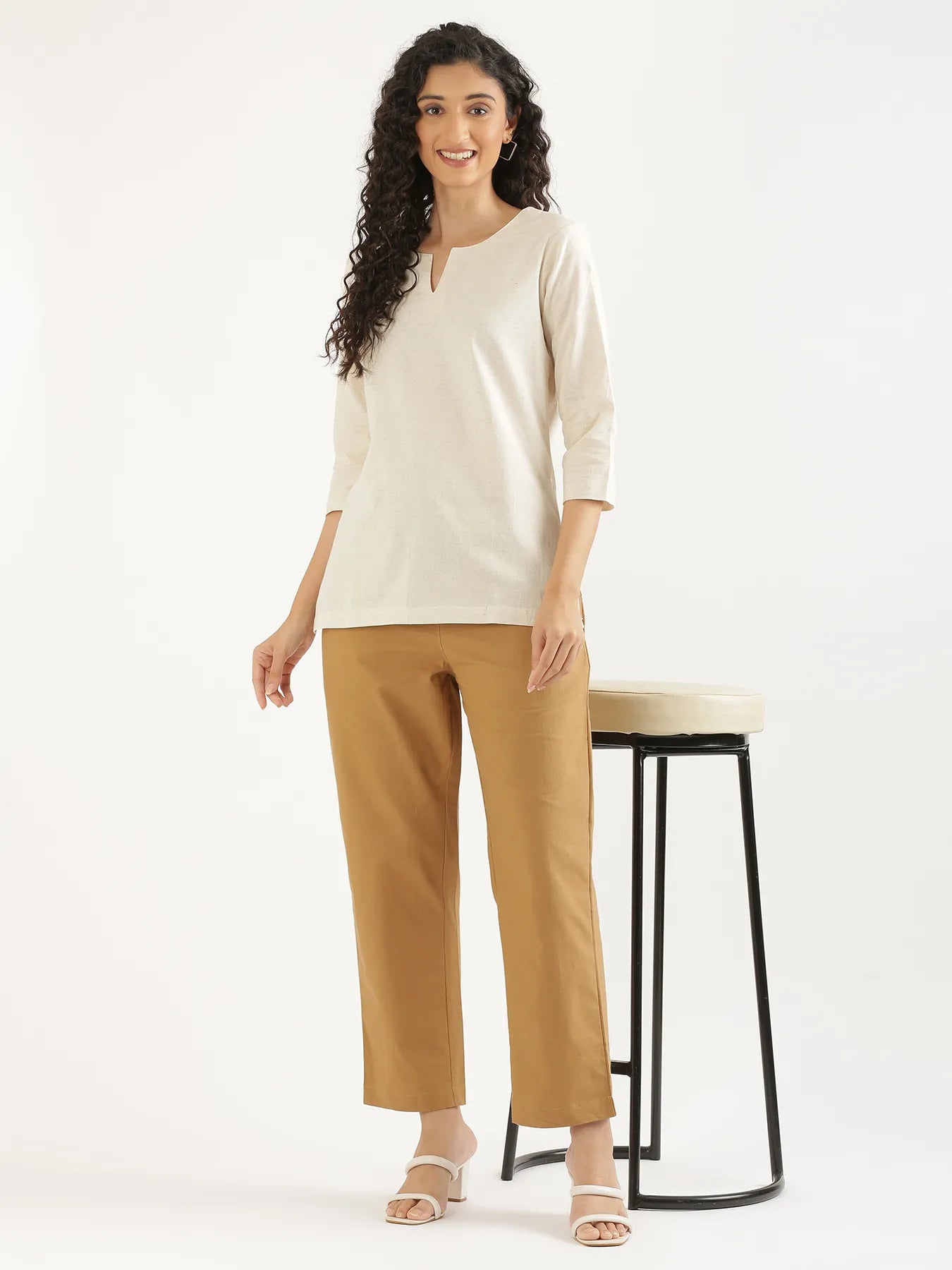 Women Ecru Airy Linen Split Neck Short Kurta