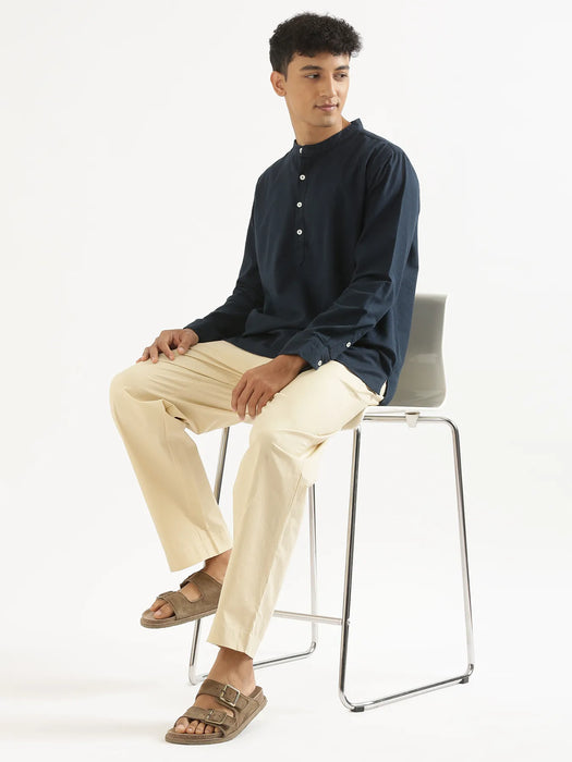 Men Navy Blue Airy Linen Short Kurta