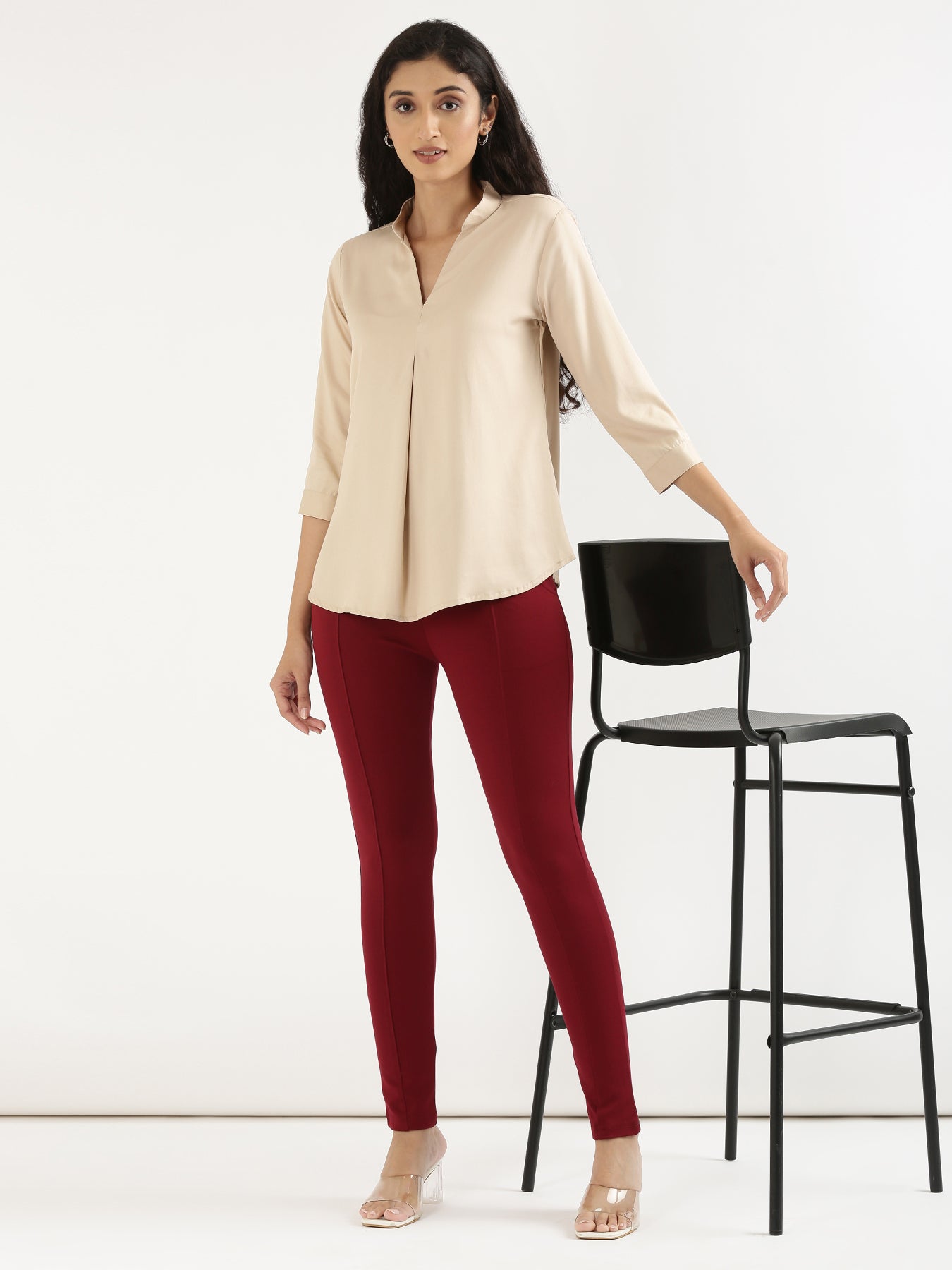 Women Beige Viscose Pleated Top