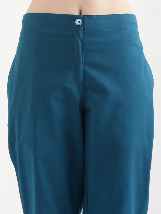 Women Turquoise Airy Linen Straight Pants