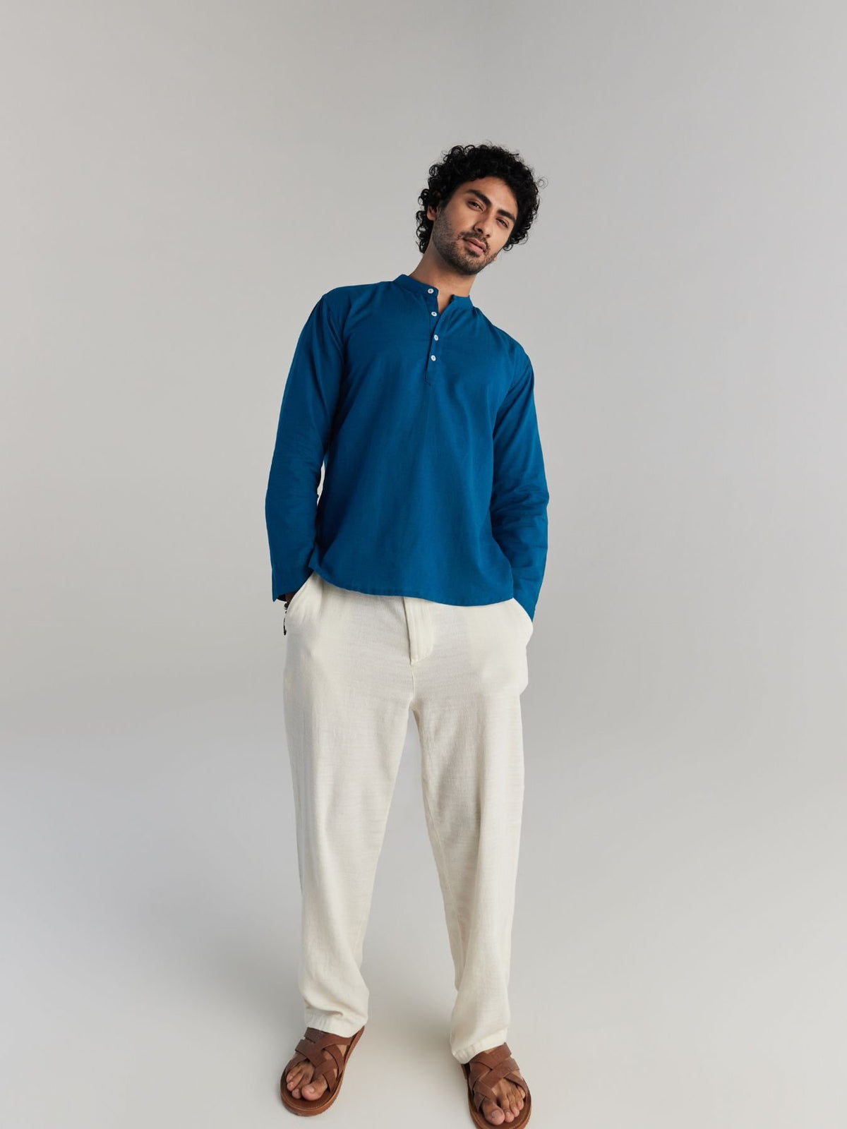 Men Turquoise Airy Linen Short Kurtas