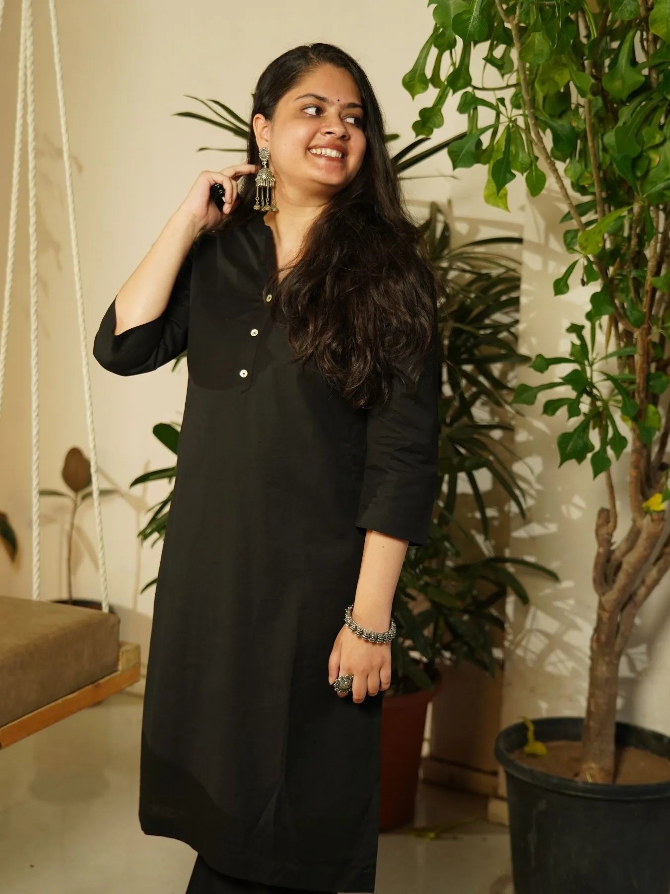 Black Airy Linen Long Kurta Co-ord Set