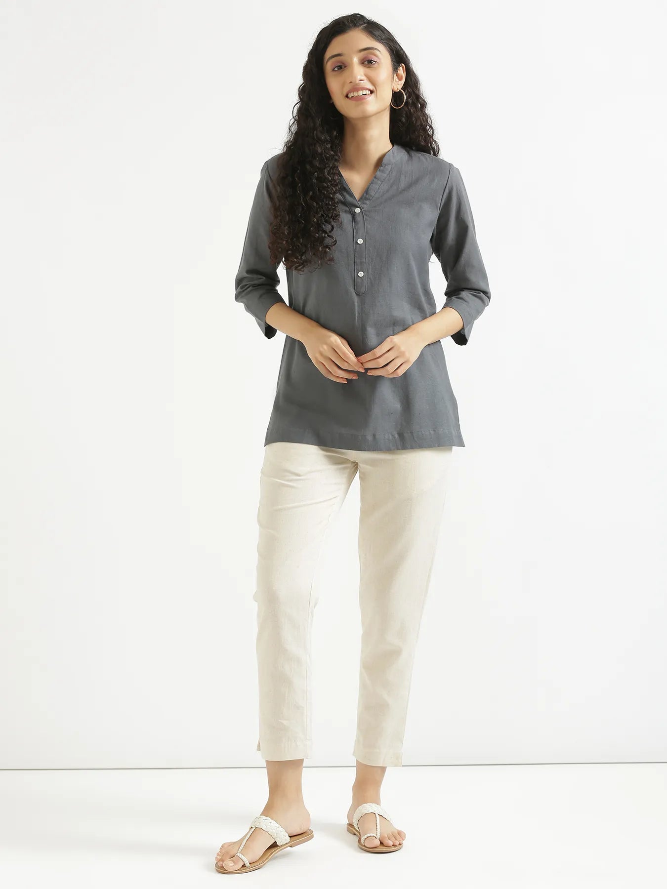 Women Slate Grey Airy Linen Short Kurta