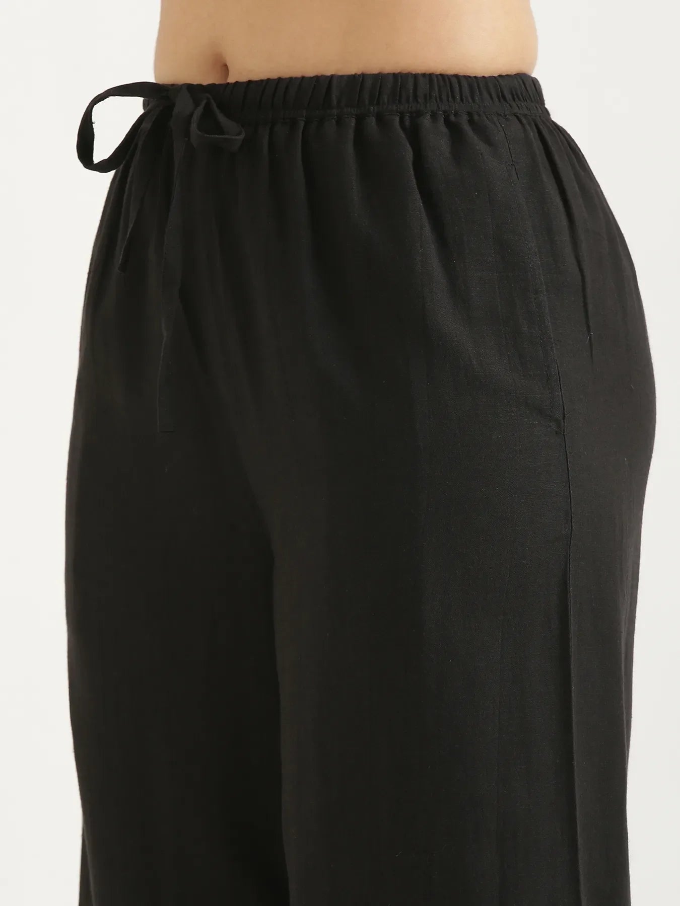 Women Black Flowy Linen Wide Leg Pants