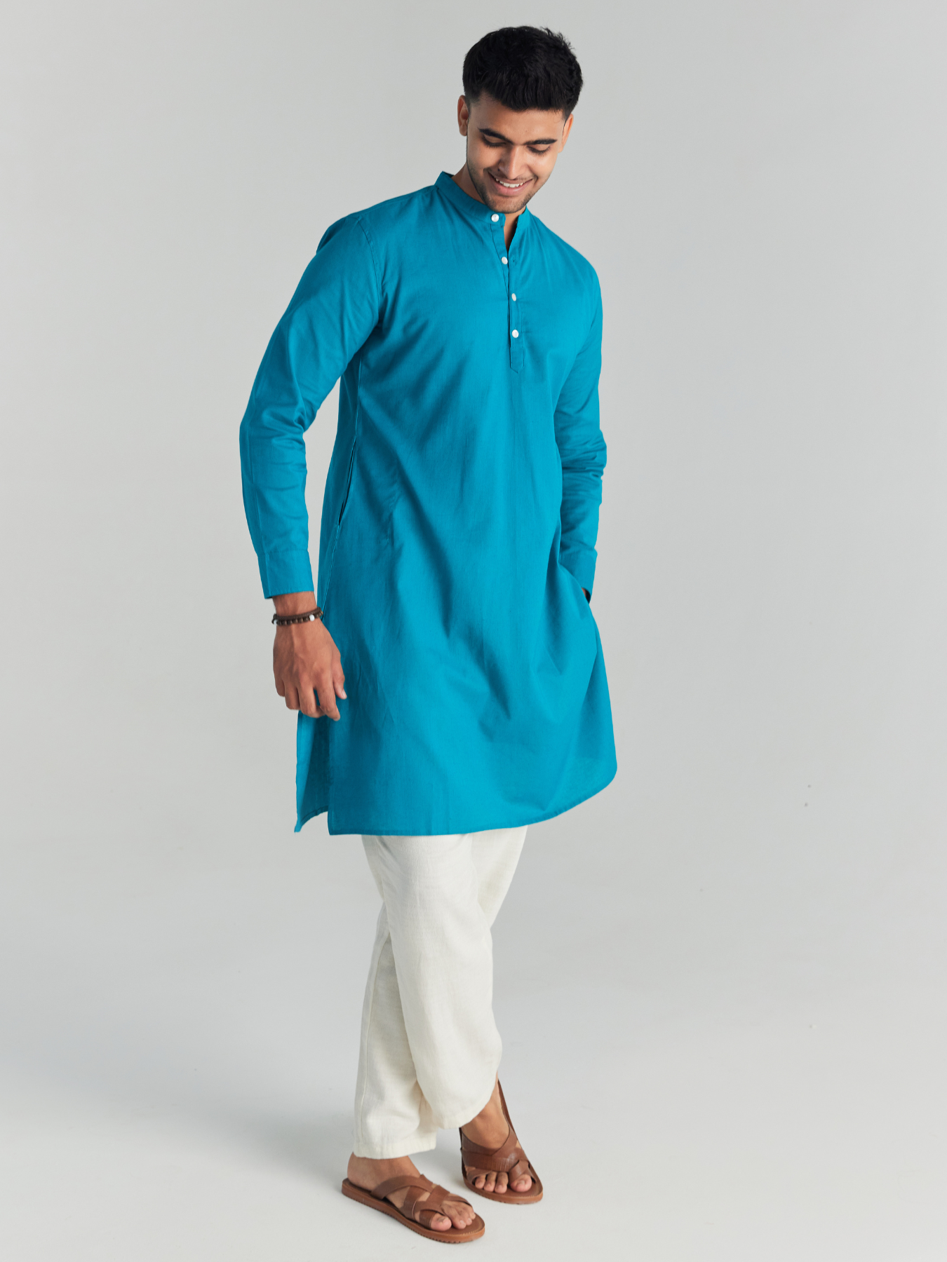 Men Teal Airy Linen Long Kurta