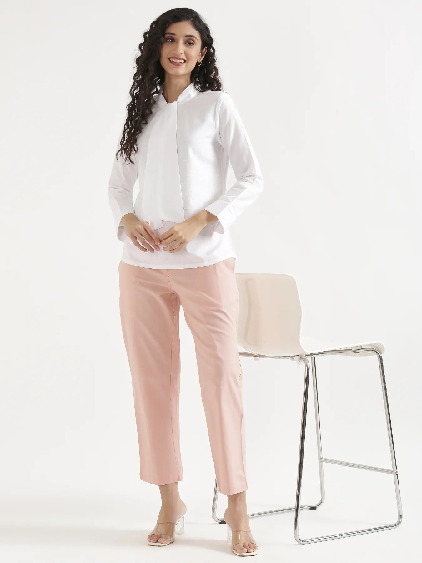 Women White Linen Blend Knot Blouse