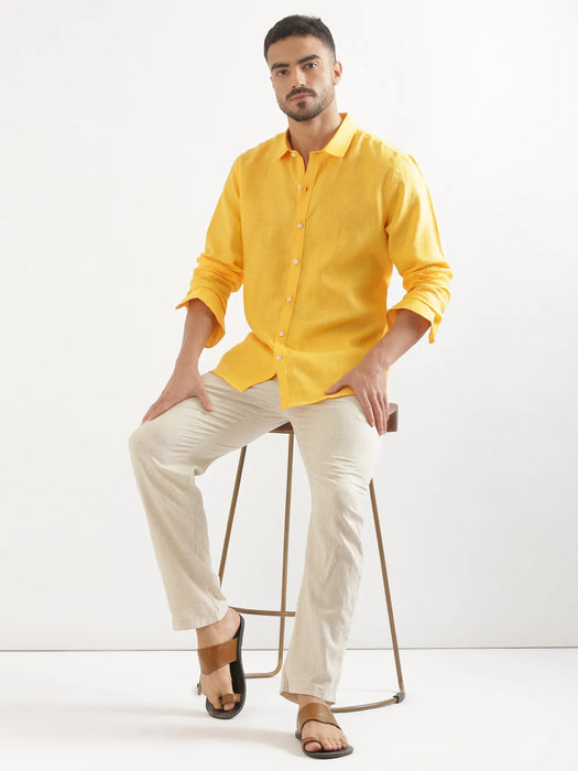 Men Mango Yellow 100% Full Sleeve Linen Shirt