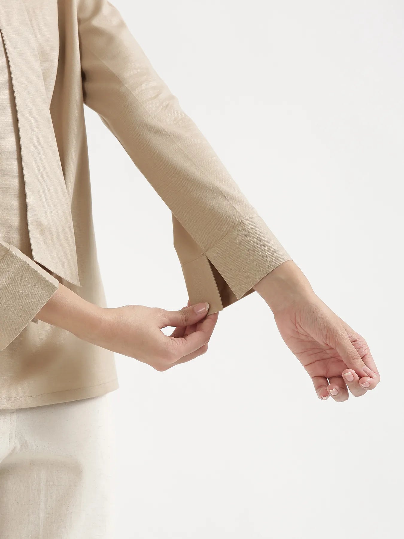 Women Taupe Linen Blend Knot Blouse & Ecru Airy Linen Straight Pants Pant Set