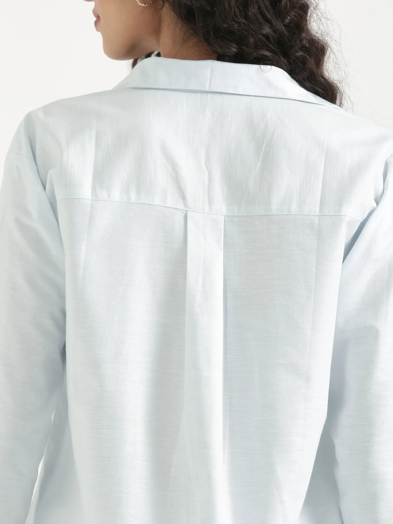 Women Powder Blue Linen Blend Pleated Top