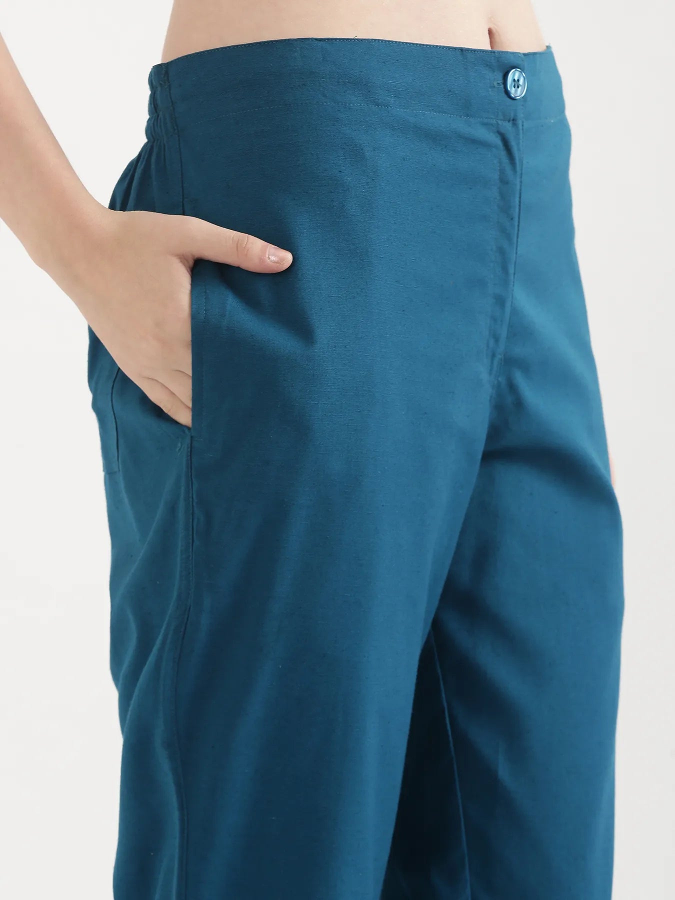 Women Turquoise Airy Linen Straight Pant
