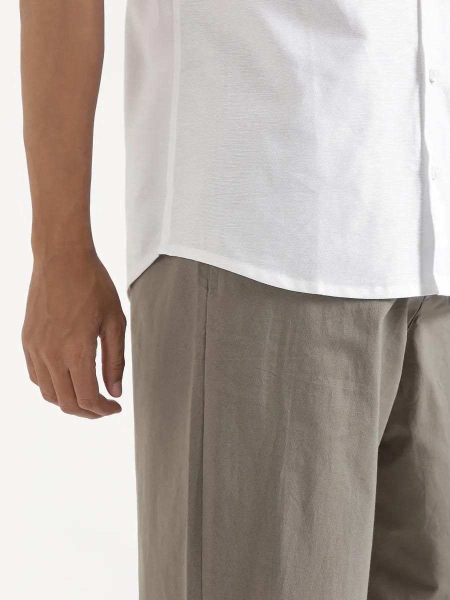 Men White Linen Blend Short Sleeve Shirt