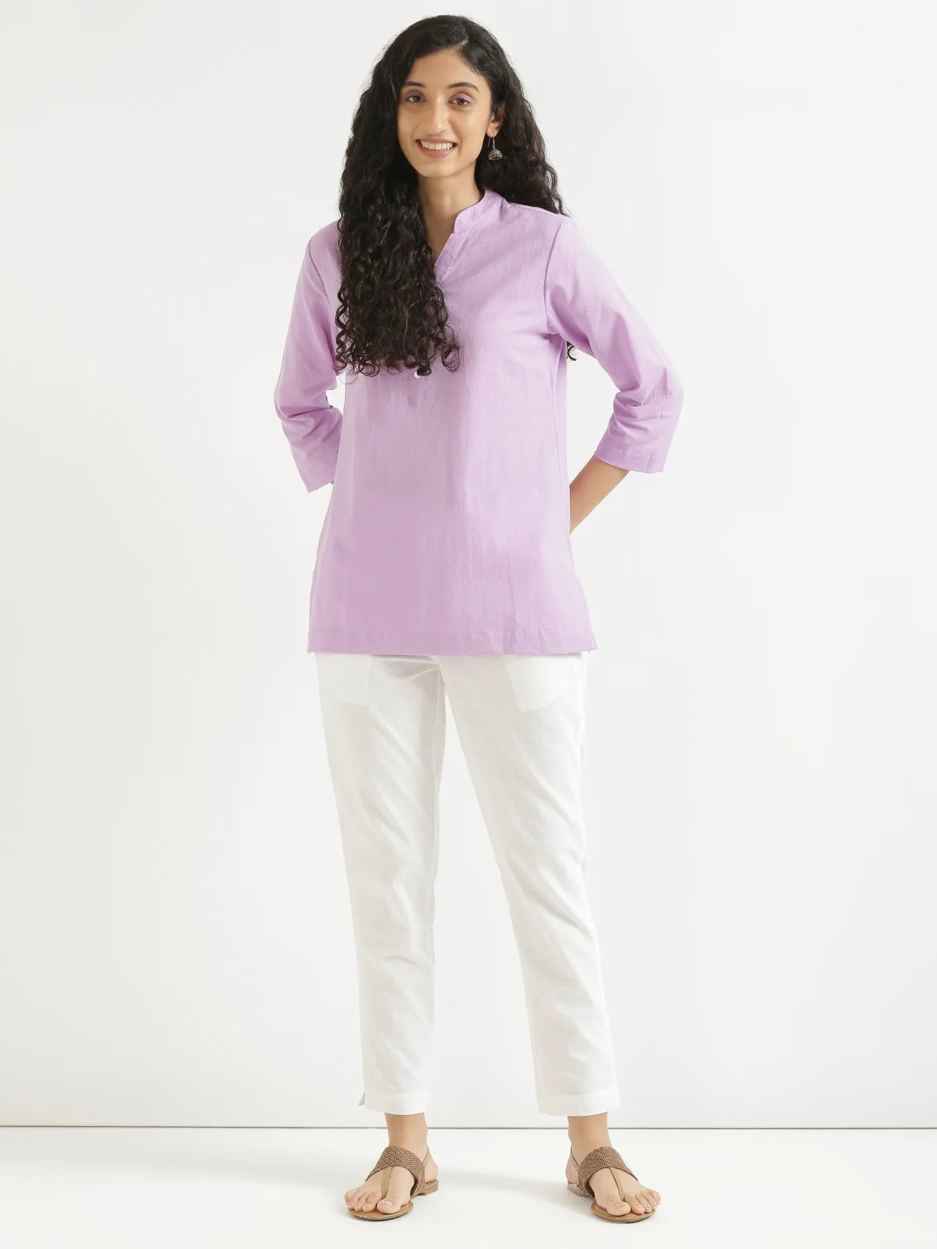 Women Lilac Airy Linen Short Kurta & White Cotton Pant Set