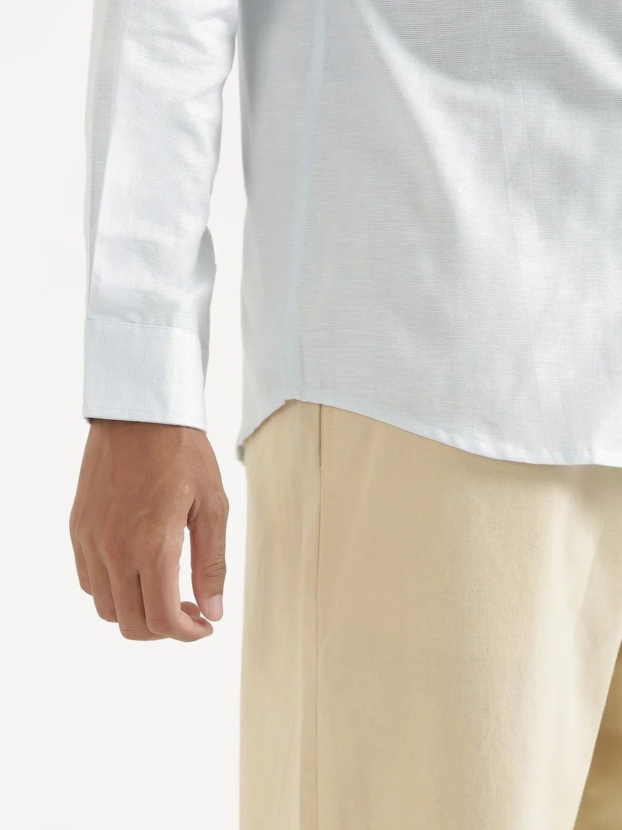 Men Powder Blue Linen Blend Mandarin Collar Shirt