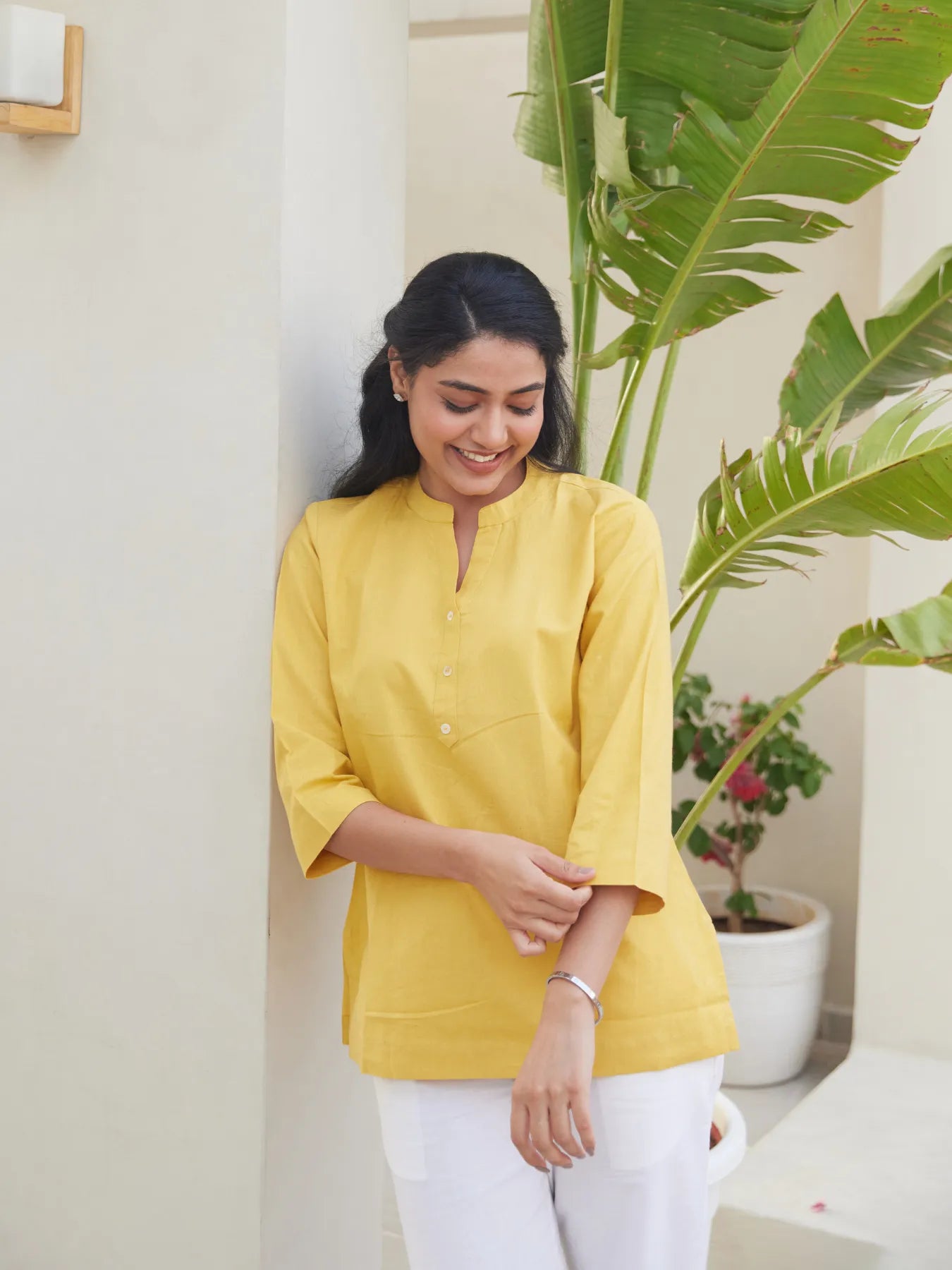 Yellow Short Kurta with White Cotton Pant