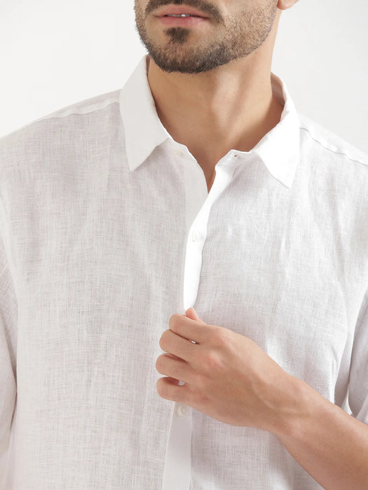 Men White 100% Linen Half Sleeve Shirt