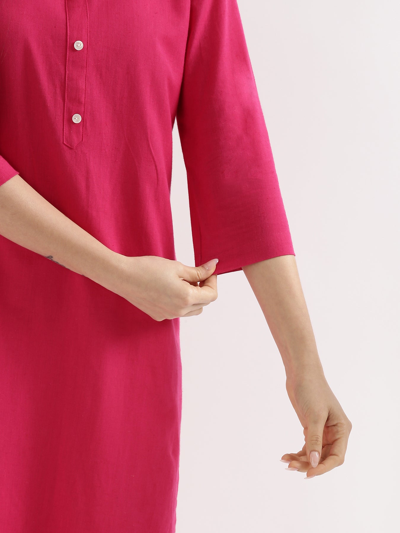 Women White & Hot Pink Long Kurta
