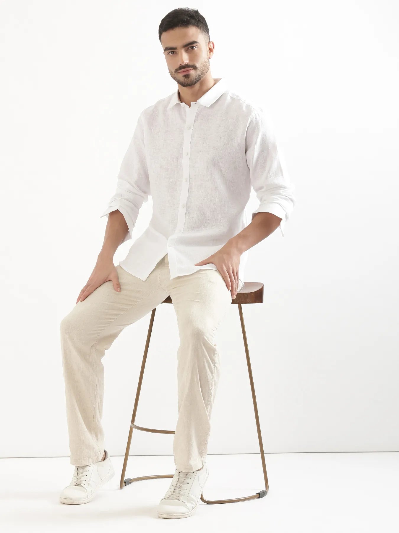 Men White 100% Linen Shirt