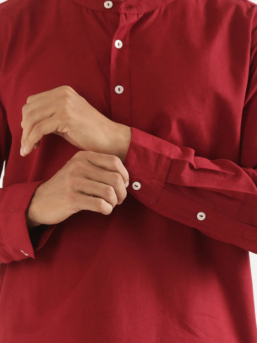 Men Maroon Airy Linen Short Kurta