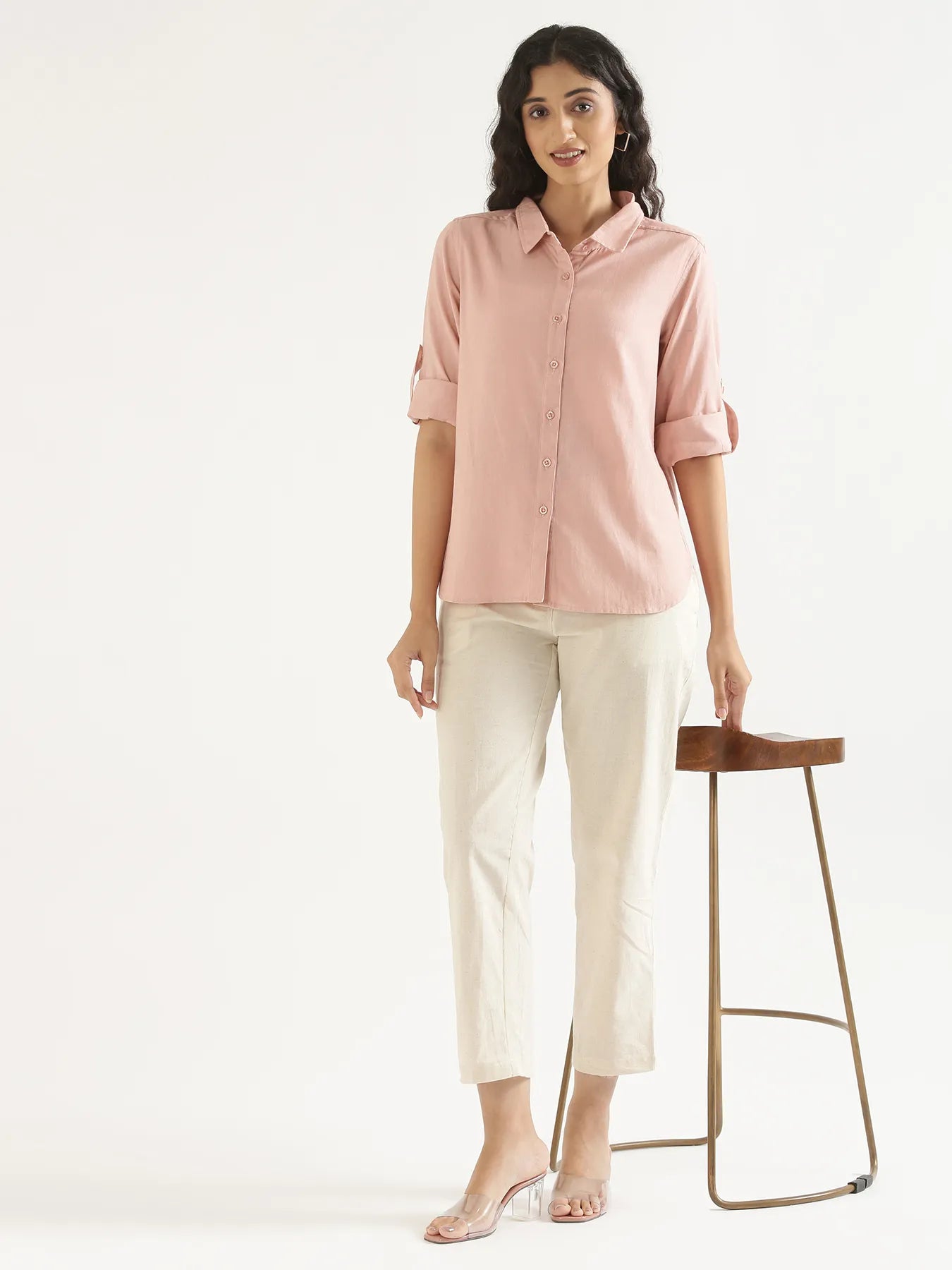 Women Salmon Pink Airy-Linen Shirt