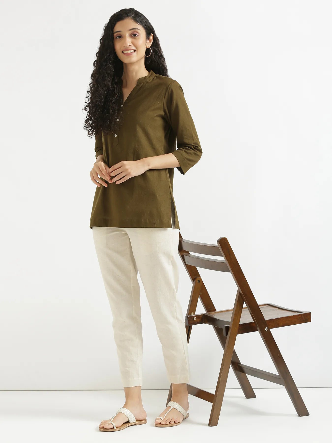 Women Olive Green Airy Linen Short Kurta