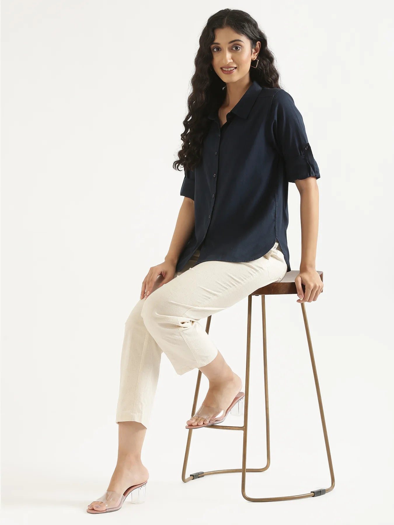 Women Navy Blue Airy-Linen Shirt