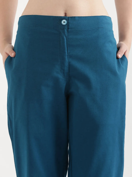 Women Turquoise Airy Linen Straight Pants