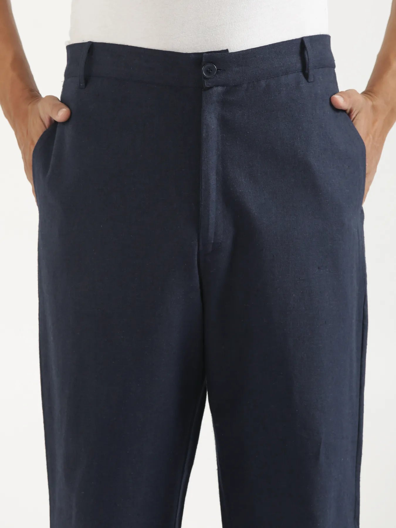 Men Navy Blue Linen Blend Straight Pant