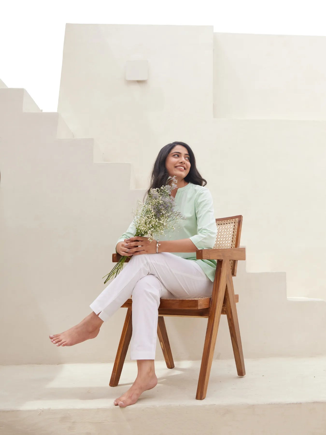 Mint Green Short Kurta with White Cotton Pant