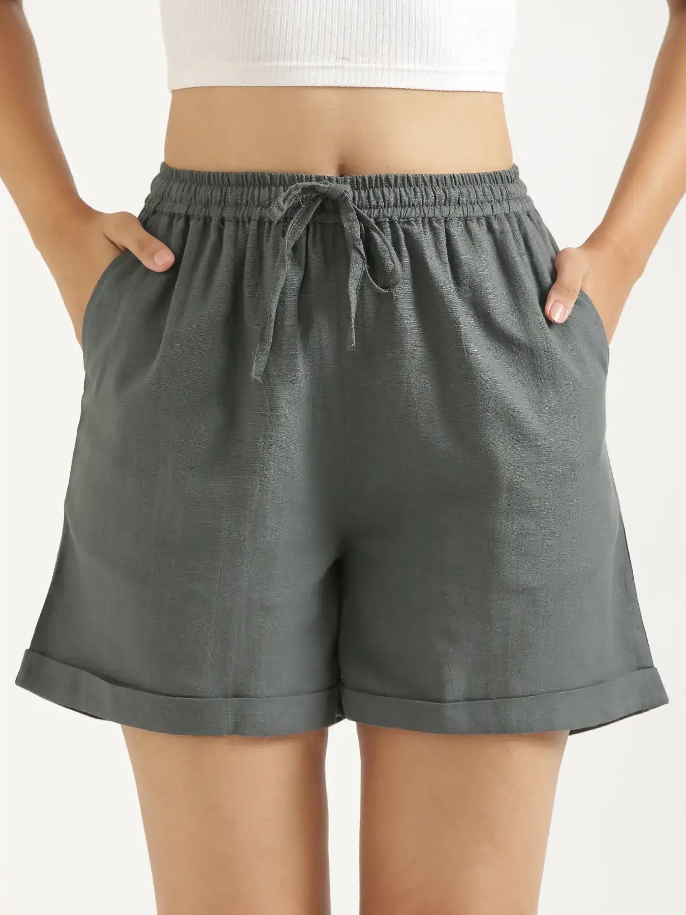 Women German Grey Flowy Linen Shorts