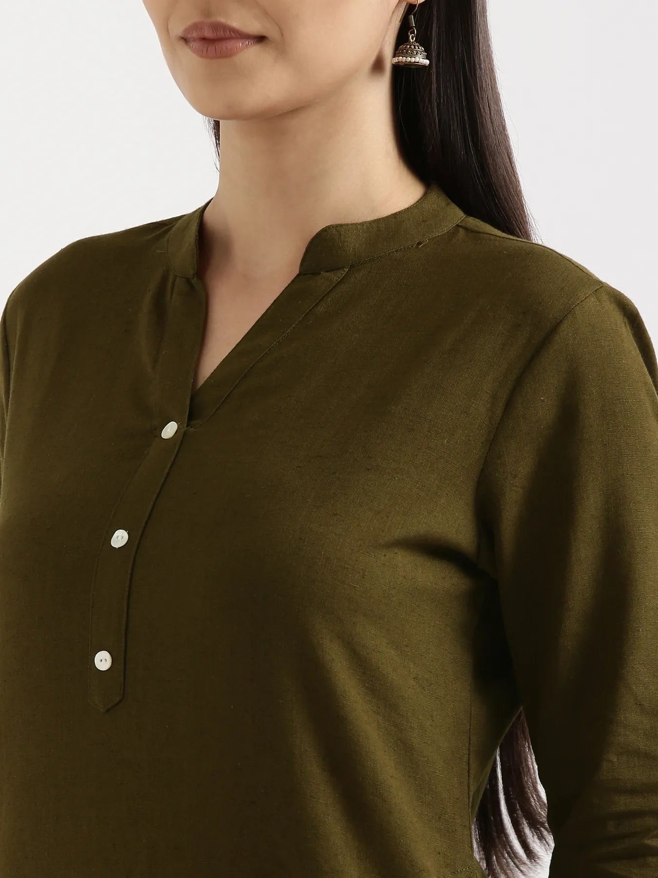 Women Olive Green Airy Linen Long Kurta & Beige Viscose Palazzo Pant Set